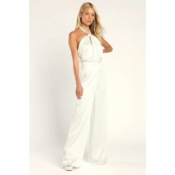 Lulus Adoring Angel Ivory Satin Wide-Leg Halter Jumpsuit Size Small - Picture 3 of 6